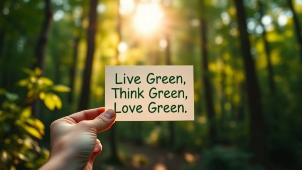 Eco-friendly message card against a green forest background, 'Green tips to save money'.