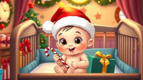 Adorable baby in a Santa hat enjoying seasonal cheer, Children's Fun.