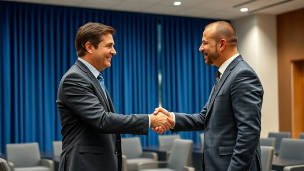 Business professionals interacting at a conference, enterprise context.