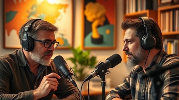 AI SEO podcast conversation between two focused men.