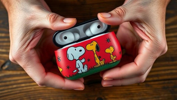 Skullcandy Snoopy and Woodstock earbuds case held by two hands.
