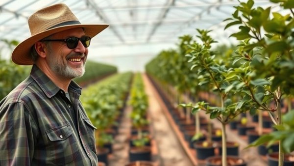 Man in greenhouse discussing growing fig trees in little pots.