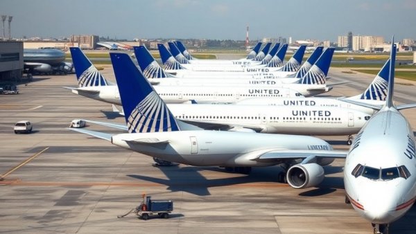 United Airlines airplanes on the tarmac with cityscape in the background