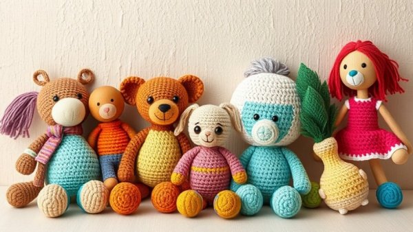 Eco-friendly toys including a crocheted fox and wooden pieces.