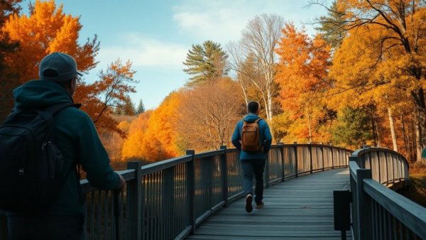 Autumn scene on a bridge with hikers and fall foliage, Maine.