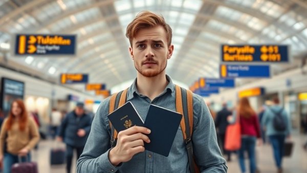Casual traveler with digital passport at TSA checkpoint in airport.