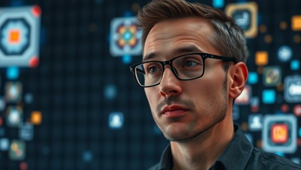 AI SEO discussion with man and AI icons in grid background.