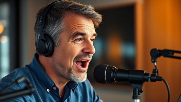 Man discussing digital marketing content in podcast studio.