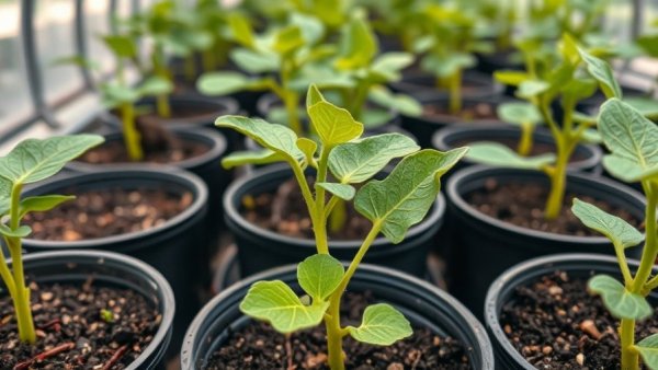 Young fig saplings sprouting leaves in greenhouse, planting fig trees