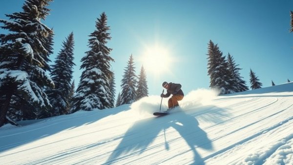 Snowboarding at Kirkwood Mountain Resort, dynamic carving under clear sky.