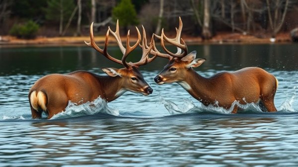 Whitetail bucks fighting while swimming in a lake, rippling water.
