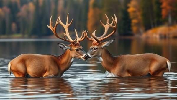 Whitetail bucks fighting in lake, autumn forest backdrop.