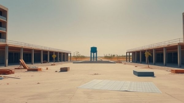 Sustainable construction site at CSULB with materials and water tower