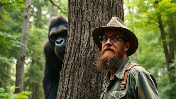Exploring camping myths with Bigfoot peering from a tree, surprised camper.