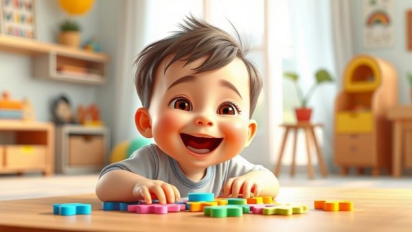 Animated toddler enjoying colorful puzzles, learning English compound words.