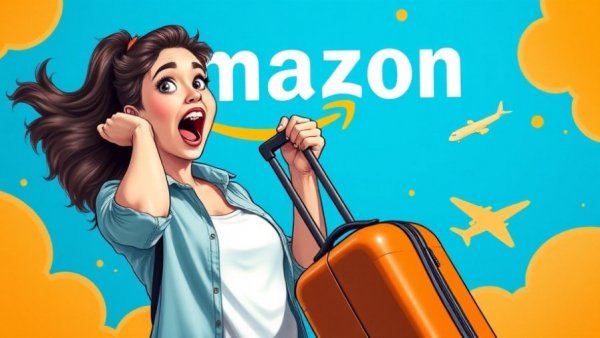 Excited woman showcasing carry-on deals for Black Friday travel on Amazon.