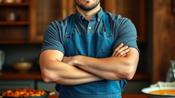 Chef in blue apron standing in front of a baked dish for healthy dining Ohio menu.