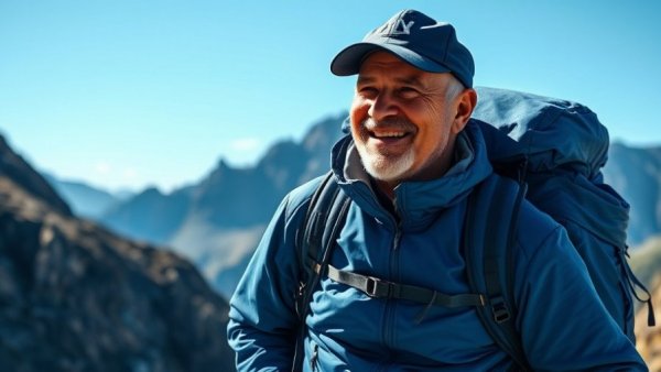 Man with blue backpack hiking in a mountain landscape.