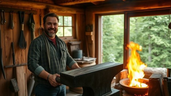 Man building an off-grid forge in Alaska with tools, anvil, and fire.