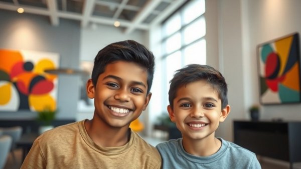 Vlad & Niki Experience - Smiling boys indoors with abstract art.
