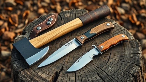 Modern Nessmuk tools collection with a hatchet, knife on stump.