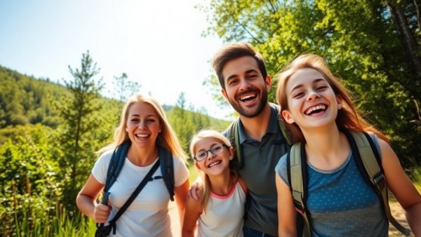 Family enjoying a hiking adventure in a sunny, green outdoor setting.