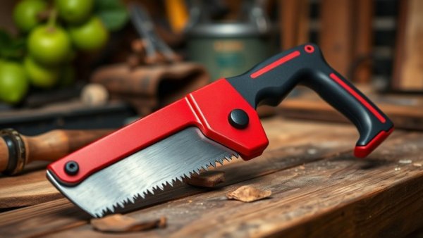 Red and black fig pruning tool on workshop bench.