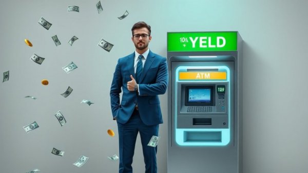 Man standing by Bitcoin ATM with 10% yield sign and floating dollars.
