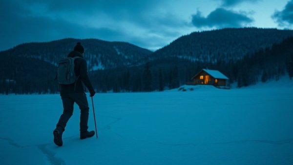 Solitary figure navigating icy terrain in a harsh wilderness.