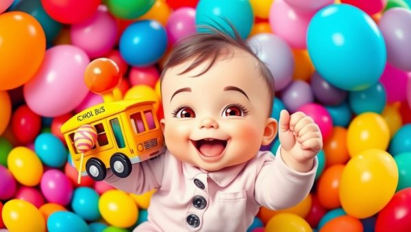 Cartoon child enjoying playtime with toys and balloons, Children Fun.