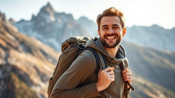 Smiling hiker with gear in mountain setting.
