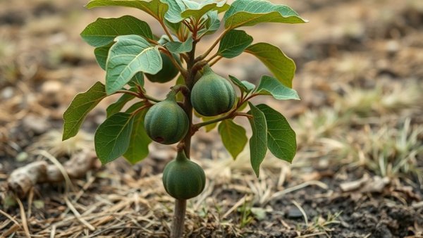 Young fig tree with support, planting tips for fig trees, dry grass.