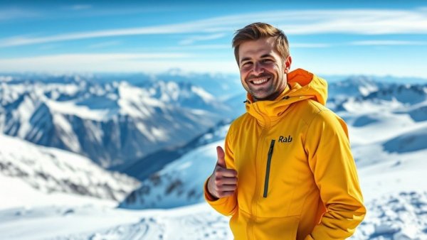 Person in Rab Microlight Windstopper Hoody on snowy mountain.
