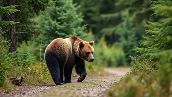 Grizzly bear approach on forest path amidst greenery.