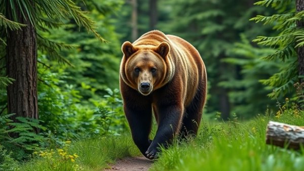 Grizzly bear on a forest path in British Columbia.