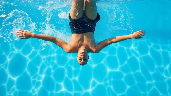 Swimmer doing pool challenges exercise, water splashes, dynamic pool setting.