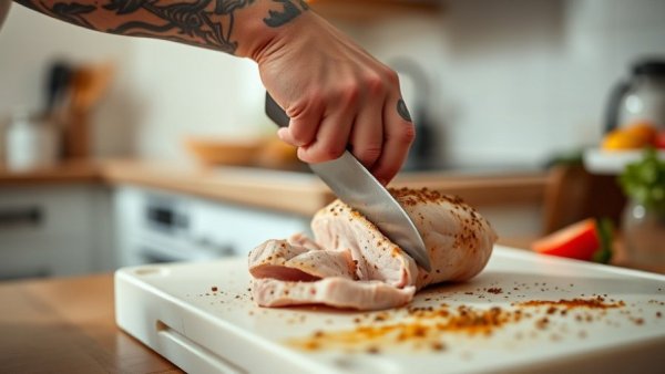 Cajun turkey breast recipe preparation, turkey slicing in kitchen.