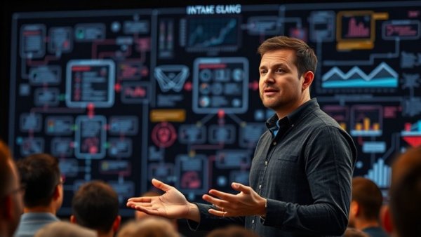 Real-Time AI Insights in Sports: Presenter with digital flowcharts background.