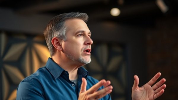 Middle-aged man speaking passionately in modern studio, discussing why a degree doesn’t mean success.