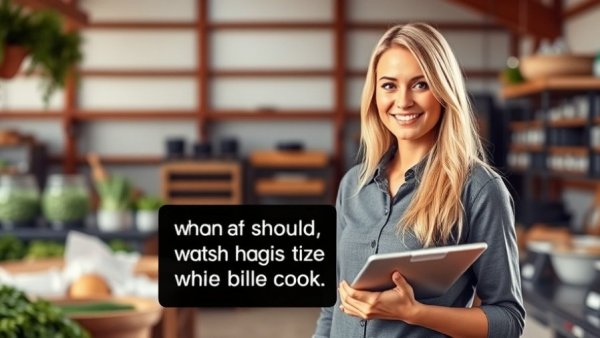 Blonde woman with tablet alongside text 'When to wash hands while cooking'.