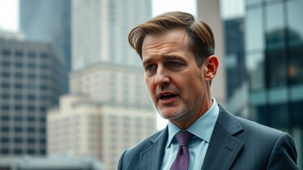 AI role in business discussion with professional man against city backdrop.