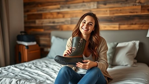 Woman showcasing waterproof boots for Christmas market travel.