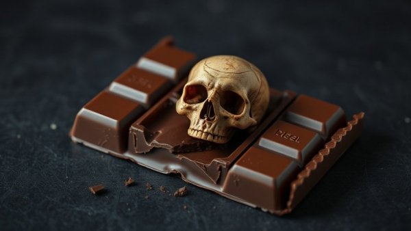 Chocolate bar revealing skull inside, symbolizing sneaky sugar dangers for families.