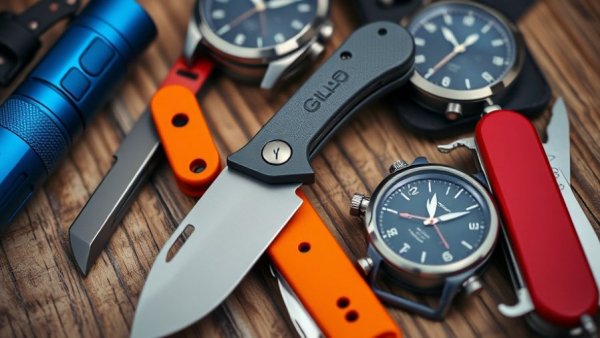 EDC gear assortment for Black Friday deals: flashlight, knife, and watch.
