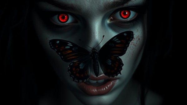 Eerie face with butterfly, evokes dynamic emotional experiences in storytelling.