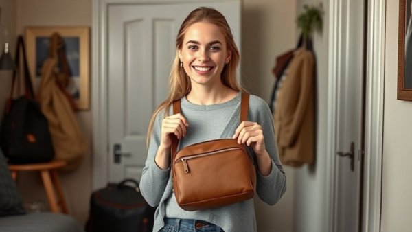 Woman showing travel hack with crossbody bag and luggage in cozy room.