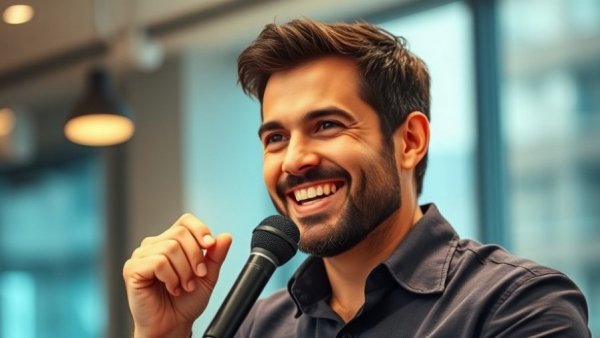 Smiling man introducing Gemini 3 AI features in a vibrant red shirt.