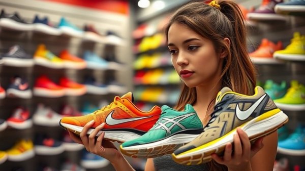 Woman choosing running shoes in a sports store.