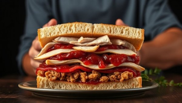 Thanksgiving leftover sandwich with turkey and cranberry, chef posing.