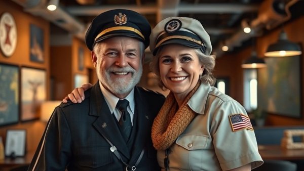 Travel Gifts for Men Who Have Everything: inspiration from a smiling couple, one in pilot uniform.
